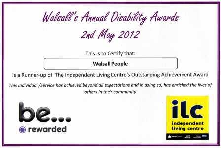 Walsall People award certificate may 2012 for Outstanding Achievement
