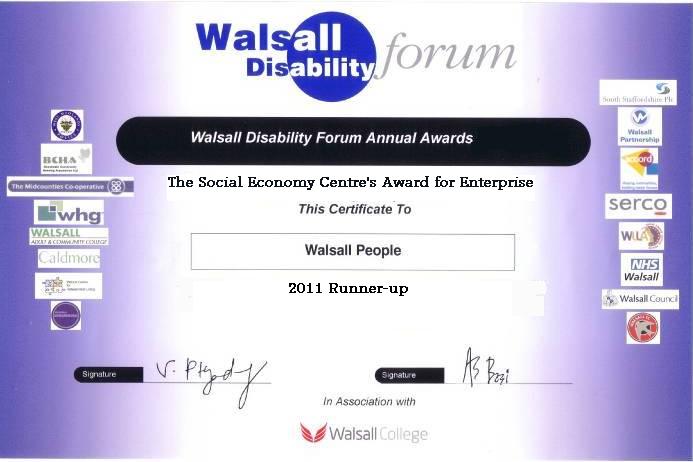 Walsall People award certificate April 2011 for Enterprise